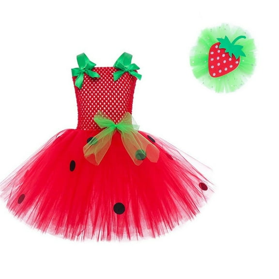JAHH Kids Comfortable Dresses Girls Strawberry Mesh Tutu Holiday Party Stage Performance Halloween Role Playing for Cute Fashion Breathable Clothing(8-9 Years,Red)