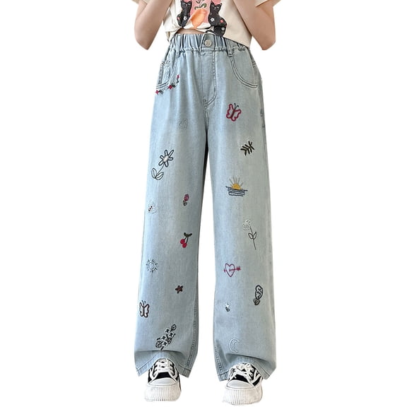 JAHH Kids Girls Embroidered Denim Pants Floral Butterfly Applique Straight Leg Elastic Waist Jeans with Reinforced Pockets Playtime Outfit