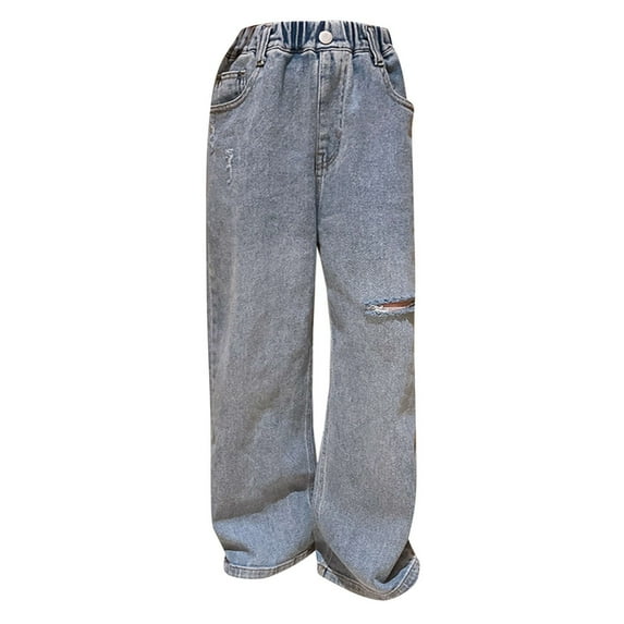 JAHH Kids Girls Fashion Elastic Waist Denim Pants Straight Wide Leg Jeans Vintage Cut Out Ripped Distressed Denim Pants Washed Casual Jeans Clothes (7-8 Years,Blue)