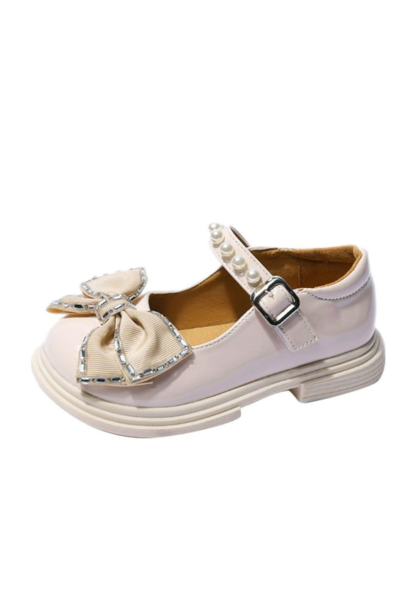 Lightweight Clearance Gowns Shoes for Children's Fashion Spring Summer Children Casual Shoe Girls Leather Dress Shoes Thick Sole Pearl Sequins Bowknot Solid Color Buckle(4.5-5 Years,White)