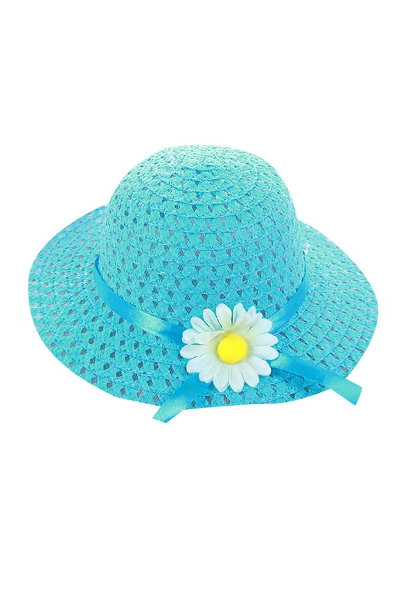 Little Girl Hat Baby Kids Girl Summer Floral Flower Straw Visor Sun Hat Beach Hats for Kids Activities Outdoor Sun Flower Floral Straw Hat Easter Gifts(One Size,Blue)