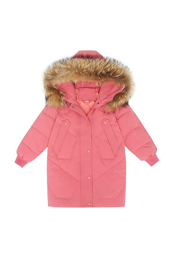 Little/big Kids Girls 2024 New Winter Thick Coat Hooded Furry Collar Solid Color Zipper Button Coat with Pockets Long Sleeve Casual Tops Fall Outfits Winter Clothes(7-8 Years,Watermelon Red)