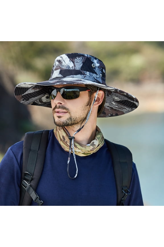 Men's Hat Mountaineering Fishing Camouflage Hood Rope Autumn Winter Outdoor Shade Foldable Casual Bucket Hats Gifts for Gentlemen