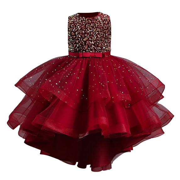 JAHH Pageant Dresses for Girls Sleeveless Sequins Puffy Yarn Trailing Princess Gowns Dress Piano Performance for Bowknot Flower Pageant Party Wedding(10-11 Years,Red)