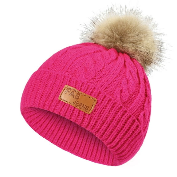 JAHH Personalized Baby Winter Hat Custom Baby Beanie Hat Personalized Toddler Winter Hat Leather Patch Baby Knit Hats Outdoor Camping Hat for Boys Girls(One Size,Hot Pink)