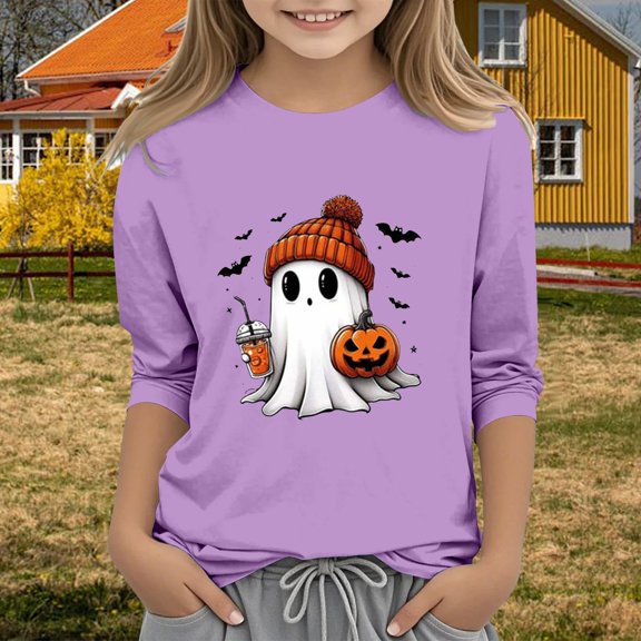 JAHH Pumpkin Halloween Shirts for Teen Girls, Funny Ghos𝗍 Graphic Crewneck Cotton Tee, 3/4 Sleeve, Kids Cute Holiday P𝖺rty Pullover