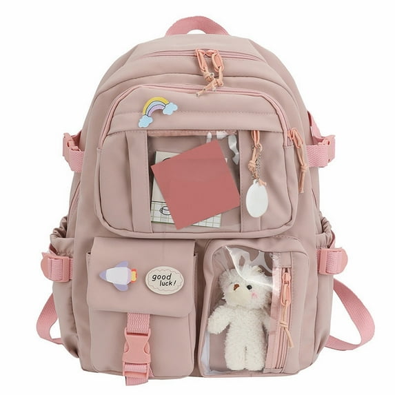 JAHH Cute Backpack with Cute Pin Accessories Plush Pendant Cute School Cute Aesthetic Solid Color Backpacks Schoolbag