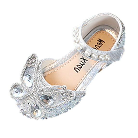 JAHH Shoes for Toddler 2024 Fashion Summer Girls Sandals Dress Performance Dance Shoe Rhinestone Cartoon Butterfly Shape Sequin Pearl Hook Loop for Birthday Holiday Party (4-4.5 Years,Silver)