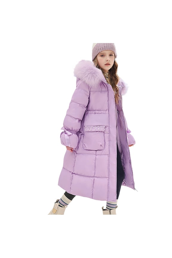 Teen Girls Boys Winter Long Hooded Puffer Coat, Fa𝗎x F𝗎r Lined Windproof Zip Up Thicken Down Jacket with Padded Insulation, Warm Outerwear for Cold Climates