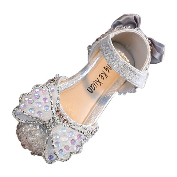 JAHH Vacation Shoes for Children's Fashion Spring Summer Girls Sandals Party Dress Dance Show Princess Shoe Rhinestone Bowknot Ribbon Hook Loop for Birthday Holiday Party (3.5-4 Years,Silver)