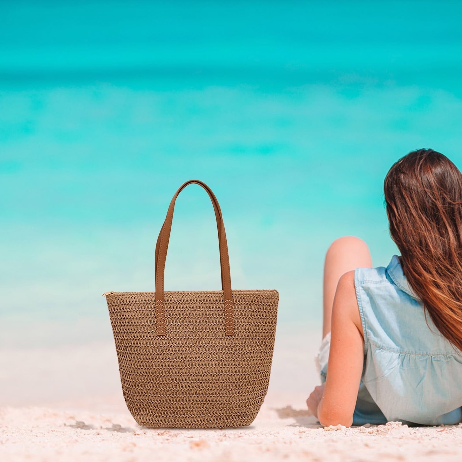 Zendure Bohemian Round Straw Shoulder Bag, Hand-woven, Large, Soft