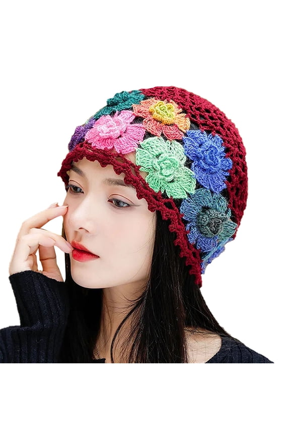 Women's Caps Vintage Handmade Embroideried Cotton Crochet Knit Hollow Out Floral Knit Autumn Winter Fashionable Casual Warm Hat