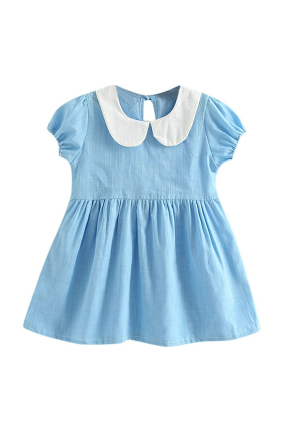 Toddler Girls Pan Collar Dress Ruched A-Line Princess Dress Solid Color Ruffled Casual Play Clothes Baby Kids Twirl Skirt