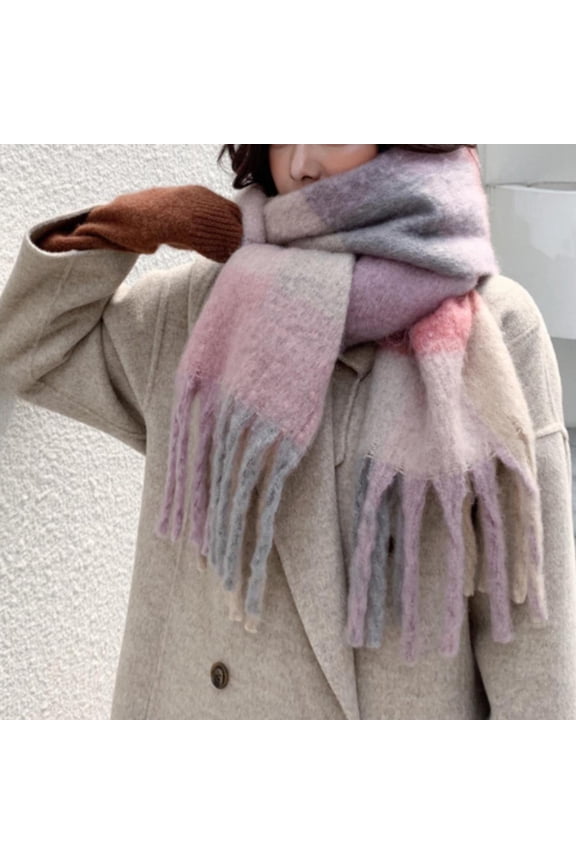 WomenFashion Scarves Long Shawl Winter Thick Warm Knit Large Plaid Scarf Colourful Check Pattern and Thick Fringes Warm