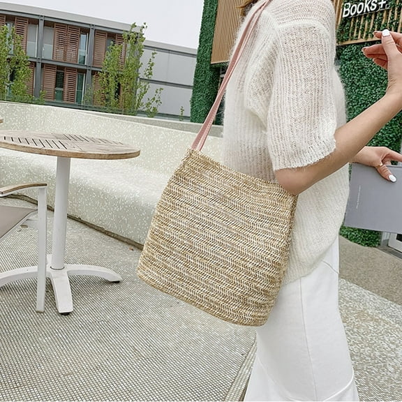 JAHH Womens Straw Woven Shoulder Bag 100pcs Summer Beach Travel Crossbody Handbag Handmade Satchel Purse Tote for Shopping Camping