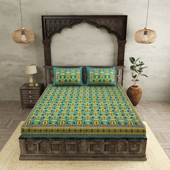 JAIPUR FABRIC 180 TC 100% Pure Cotton Floral Printed Double Bed Dohar (90 X 100 Inches), Green