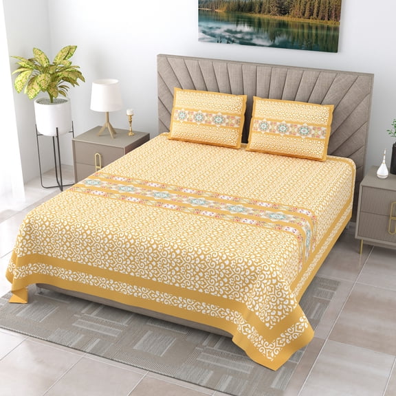 JAIPUR FABRIC 240 TC 100% Pure Cotton Ethnic Double bedsheet With 2 Pillow Covers (108 X 108 Inches), Yellow