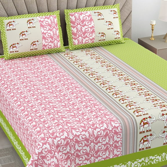 JAIPUR FABRIC 240 TC 100% Pure Cotton Floral Printed Double bedsheet With 2 Pillow Covers (108 X 108 Inches), Green