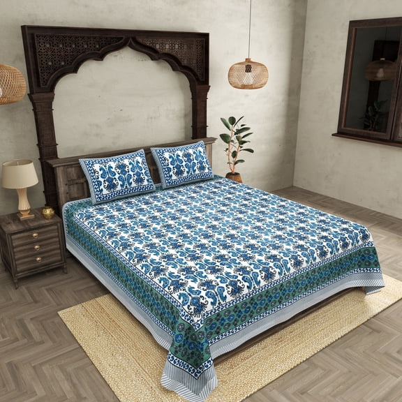 JAIPUR FABRIC 254 TC 100% Pure Cotton Floral Printed Double bedsheet With 2 Pillow Covers (118 X 118 Inches), Blue