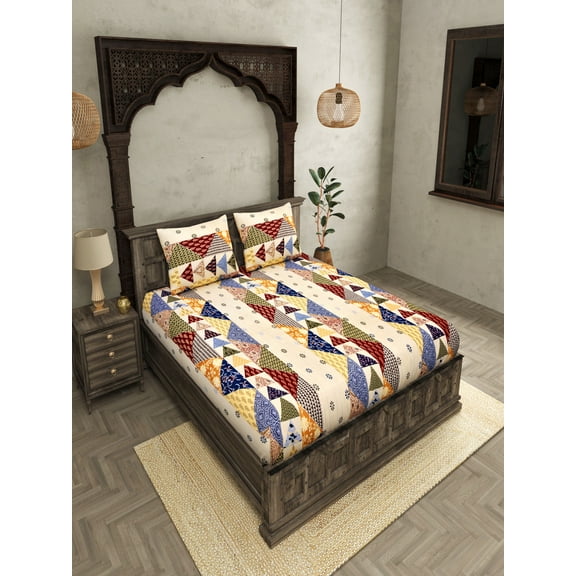 JAIPUR FABRIC 300 TC 100% Pure Cotton Patchwork Design Double bedsheet With 2 Pillow Covers (100 X 108 Inches), Multicolor