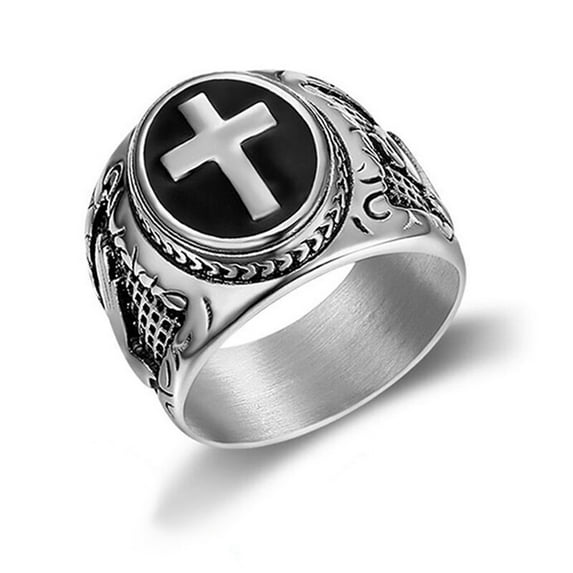 JAJAFOOK Jewelry Black & Silver Stainless Steel Christian Holy Cross Ring For Men's Rings silver 11