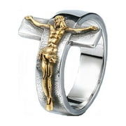 JAJAFOOK Men's Vintage Stainless Steel Jesus Cross Band Crucifix Ring, Gold 10