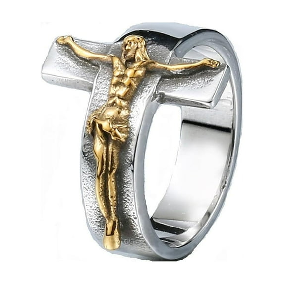 JAJAFOOK Men's Vintage Stainless Steel Jesus Cross Band Crucifix Ring,Gold 11