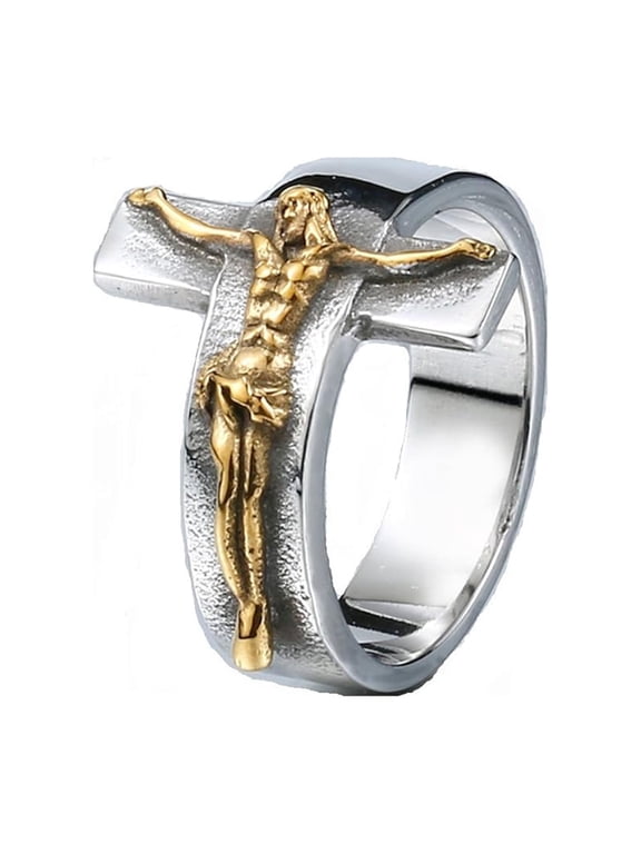 Men's Vintage Stainless Steel Jesus Cross Band Crucifix Ring,Gold 11