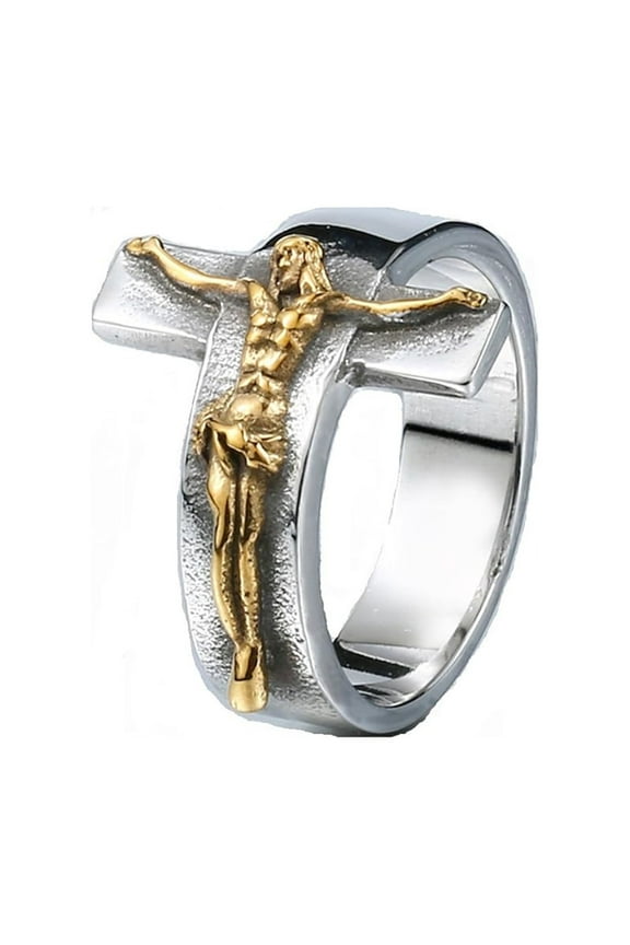Men's Vintage Stainless Steel Jesus Cross Band Crucifix Ring,Gold 9