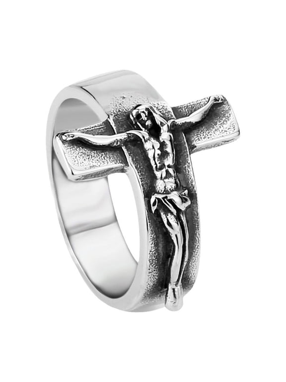 Men's Vintage Stainless Steel Jesus Cross Band Crucifix Ring,Silver 10