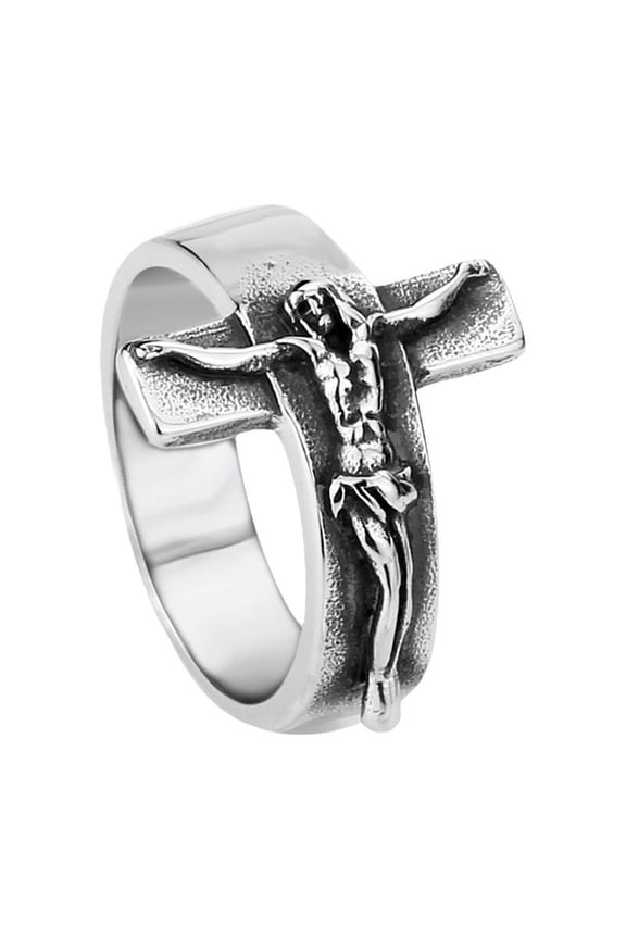 Men's Vintage Stainless Steel Jesus Cross Band Crucifix Ring,Silver 9