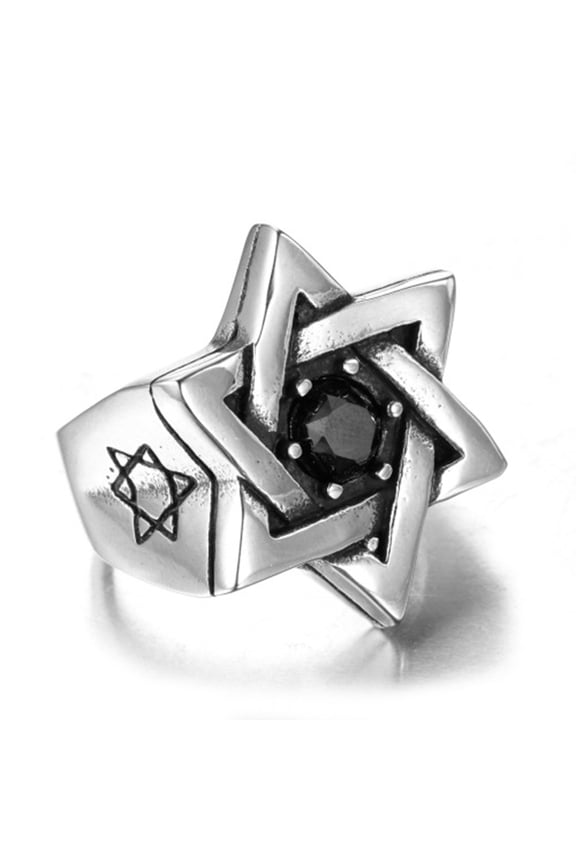 Mens Cubic Zirconia Stainless Steel Ring, Vintage Star of David, Black Silver SIZE 8