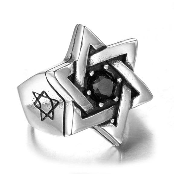 JAJAFOOK Mens Cubic Zirconia Stainless Steel Ring, Vintage Star of David, Black Silver SIZE 8