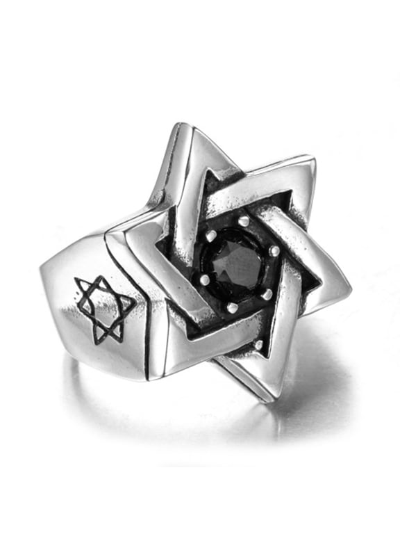 Mens Cubic Zirconia Stainless Steel Ring, Vintage Star of David, Black Silver size 10