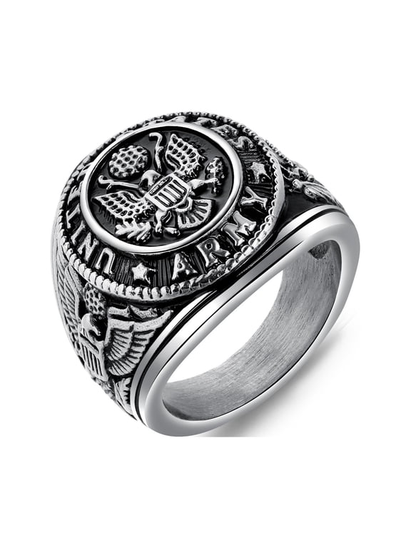 JAJAFOOK Vintage Army Military Eagle Signet Ring for Veterans,Silver 13