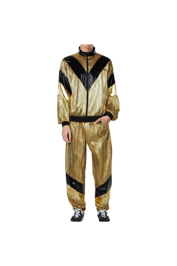 1980s Vintage Disco Tracksuits For Men Jacket And Jogger Pants Set Retro Sportswear Metallic Stand Collar Zip Up Jackets Ankle-Tied Trousers Casual Athletic Wear Trendy Outfit