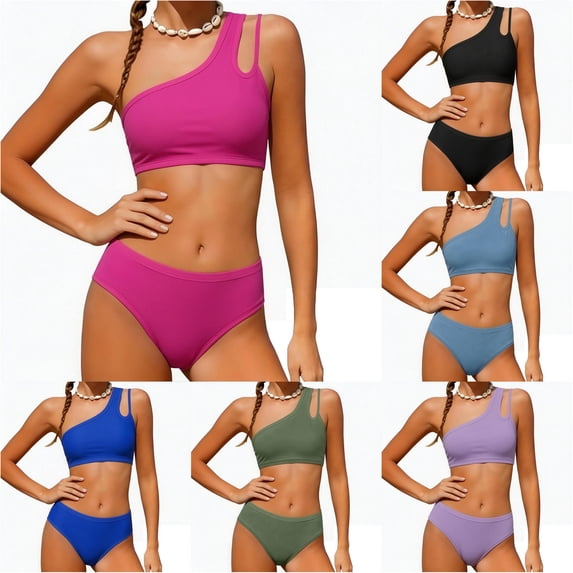 JAJAHO 2 Piece Bikini Sets For Girls One Shoulder Solid Color Hallow Out Bathing Suit Padded Kids Teens Girl Swimsuit 7-16Y