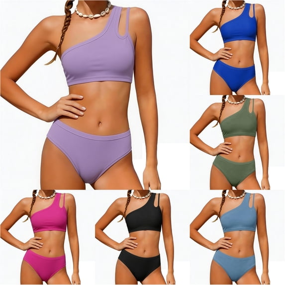 JAJAHO 2 Piece Bikini Sets For Girls One Shoulder Solid Color Hallow Out Bathing Suit Padded Kids Teens Girl Swimsuit 7-16Y