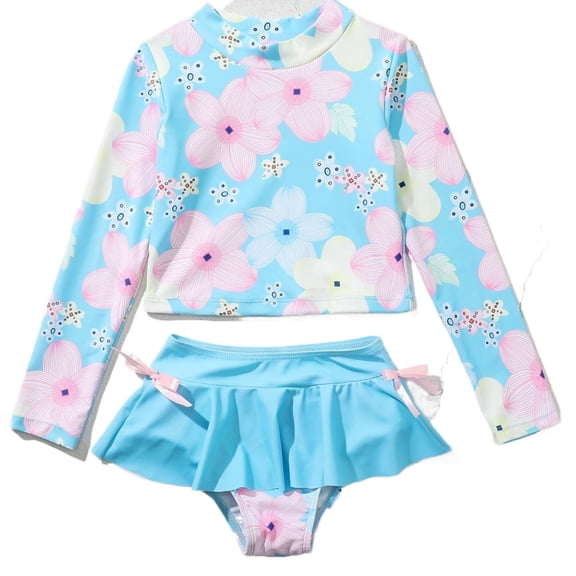 JAJAHO 2 Piece Swimsuits For Girls Long Sleeve Rash Guard Beachwear Cute Floral Printed Bathing Suit 10-13Y Summer Beach Vacation Versatile Swimwear