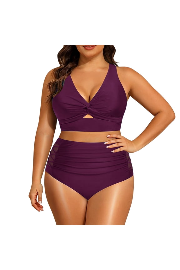 2 Piece Swimsuits For Women Plus Size Bikini Set High Waisted Tummy Control Bathing Suits Cross-Back V Neck Versatile Beachwear