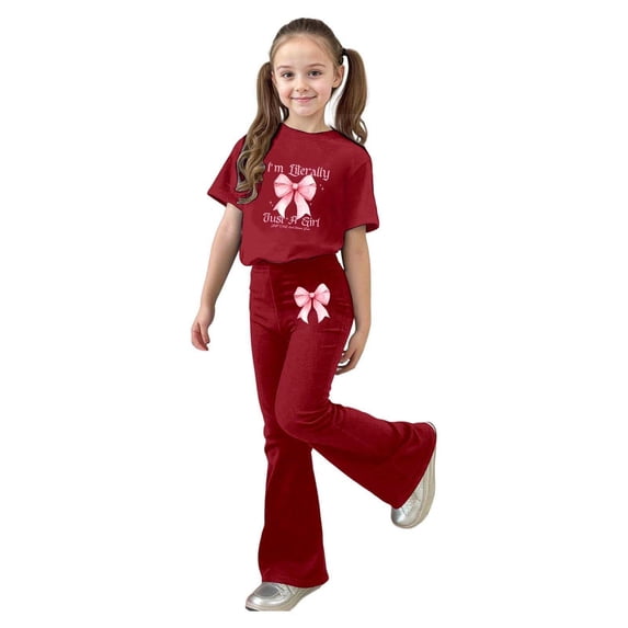 JAJAHO 2PCS Girls Clothes Bow Print Short Sleeve T Shirt Flared Pants Set 7-13 Years Kid Girls' Summer Stylish Outfit