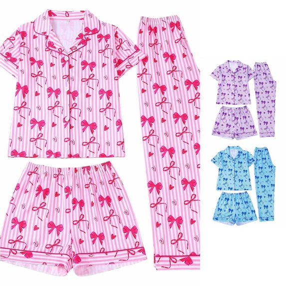 JAJAHO 3 Piece Girls Pajama Sets Striped Bow Print Long Pants With Shorts Sleepwear Button Down PJs 8-12 Years