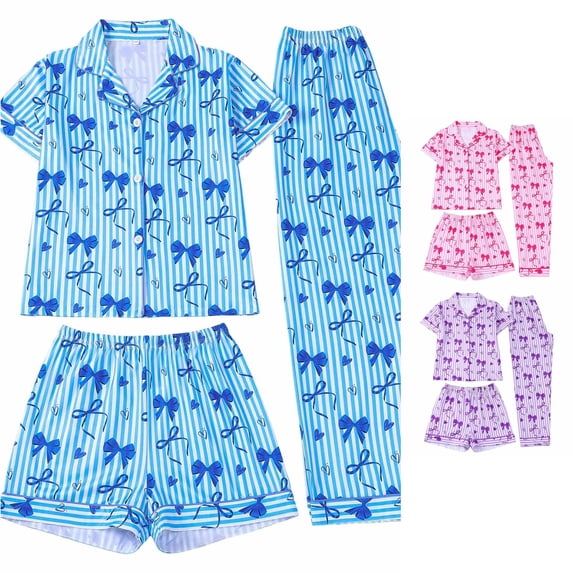 JAJAHO 3 Piece Girls Pajama Sets Striped Bow Print Long Pants With Shorts Sleepwear Button Down PJs 8-12 Years