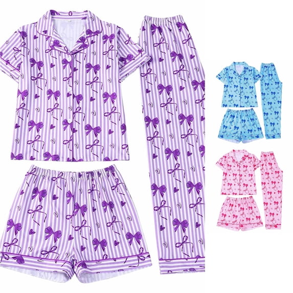 JAJAHO 3 Piece Girls Pajama Sets Striped Bow Print Long Pants With Shorts Sleepwear Button Down PJs 8-12 Years