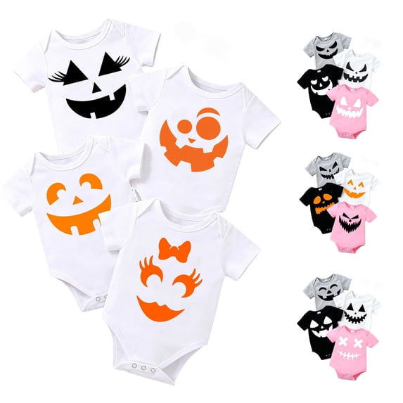 JAJAHO 4 Pack Baby Bodysuits Halloween Rompers For Boys Girls Short Sleeve Pumpkin Face Printed Onesie 0-18M