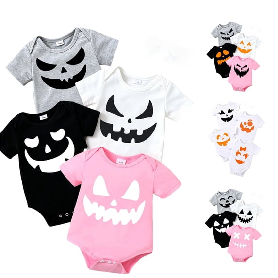 JAJAHO 4 Pack Baby Bodysuits Halloween Rompers For Boys Girls Short Sleeve Pumpkin Face Printed Onesie 0-18M