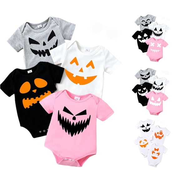 JAJAHO 4 Pack Baby Bodysuits Halloween Rompers For Boys Girls Short Sleeve Pumpkin Face Printed Onesie 0-18M