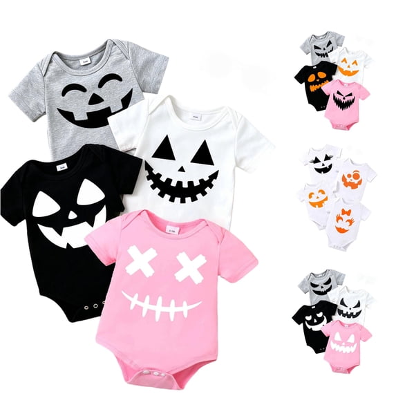 JAJAHO 4 Pack Baby Bodysuits Halloween Rompers For Boys Girls Short Sleeve Pumpkin Face Printed Onesie 0-18M