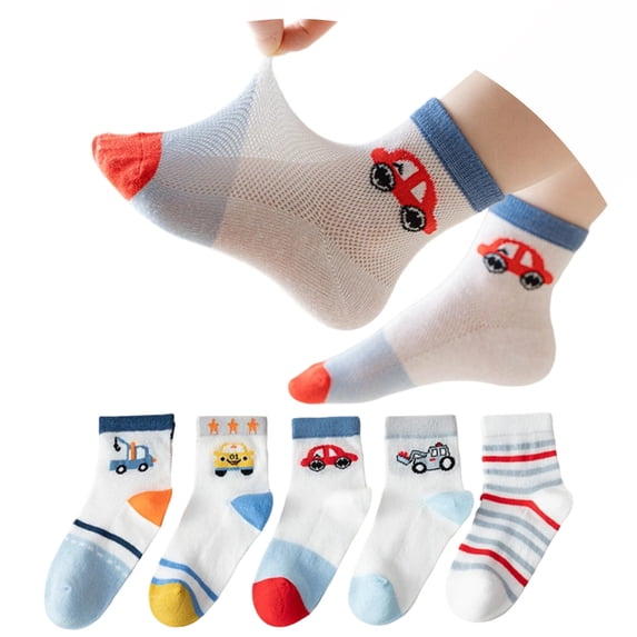JAJAHO 5 Pairs Boys Socks Toddler And Kids Cartoon Car Mid Calf Socks Sizes 1-12 Breathable Cotton Crew Sock