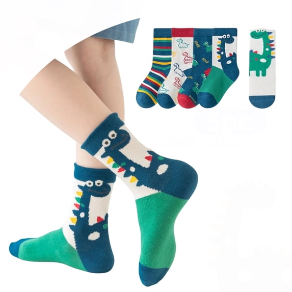 JAJAHO 5 Pairs Boys Socks Toddler And Kids Cartoon Dinosaur Mid Calf Socks Sizes 1-12 Breathable Cotton Crew Sock